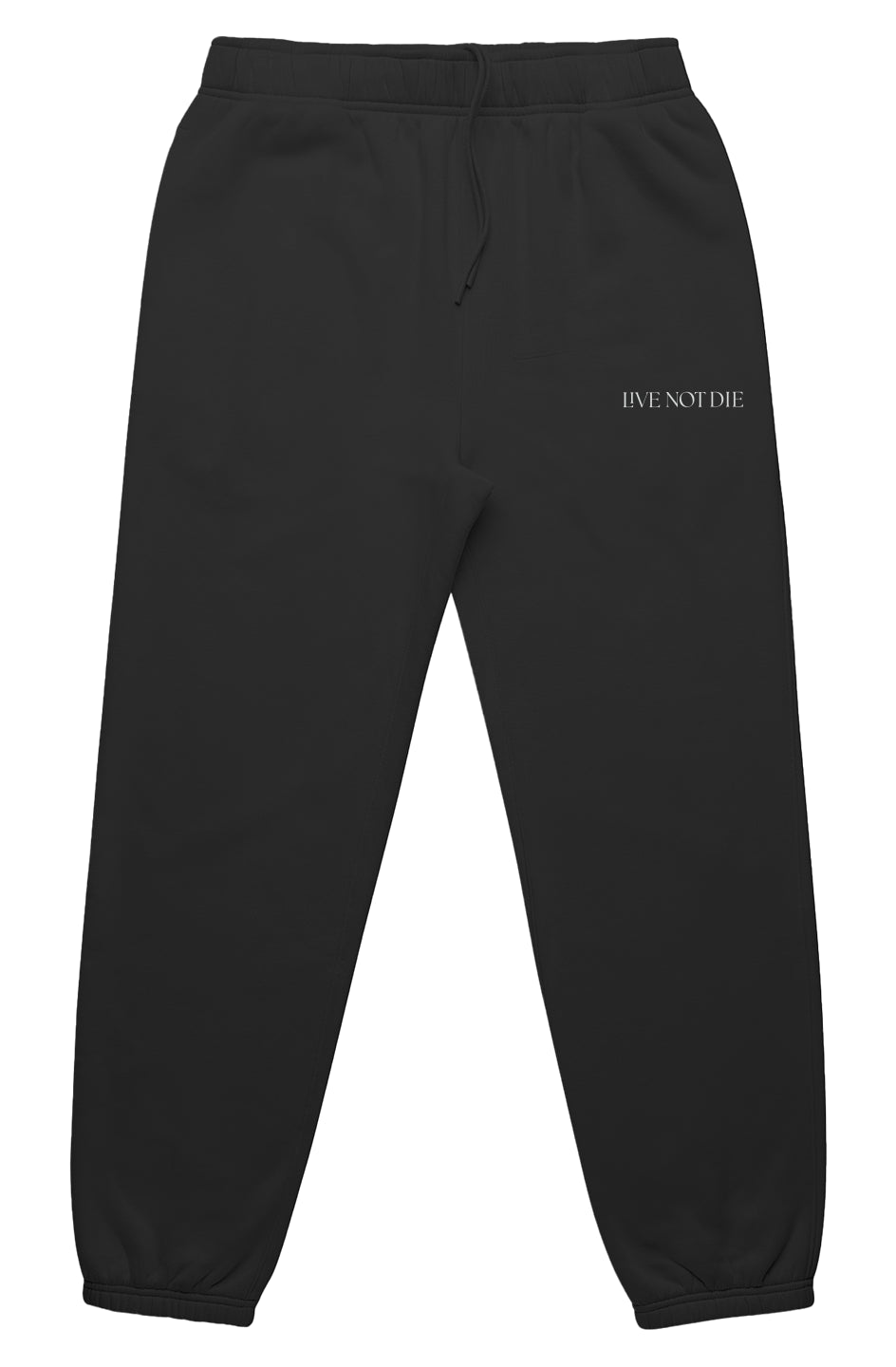 A product photo of the LIVE NOT DIE Trackpants in black
