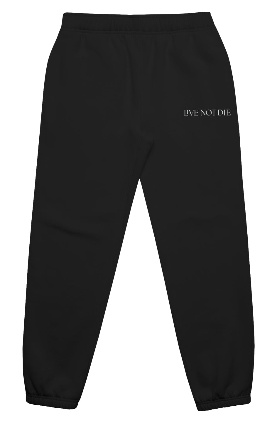 A product photo of the LIVE NOT DIE Trackpants in black