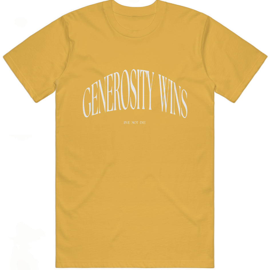 A Live Not Die product photo of the generosity wins t shirt in yellow