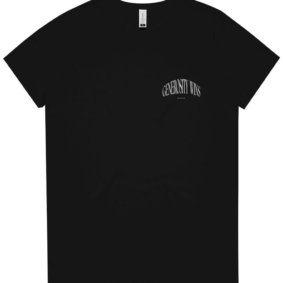 A Live Not Die product photo of the generosity wins t shirt in black