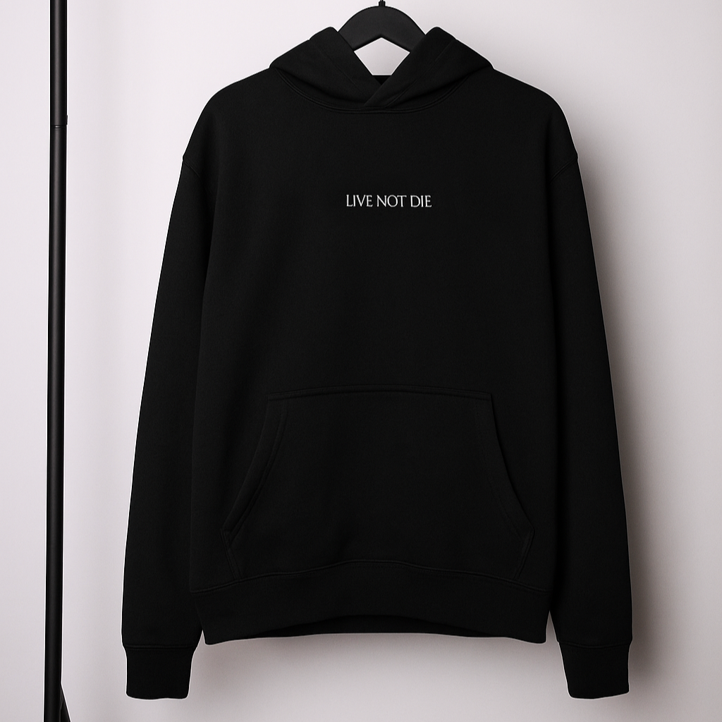 Black hoodie with 'LIVE NOT DIE' text on a hanger against a white background
