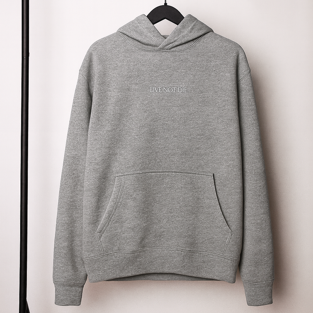 Gray hoodie with a brand logo on a hanger against a white background