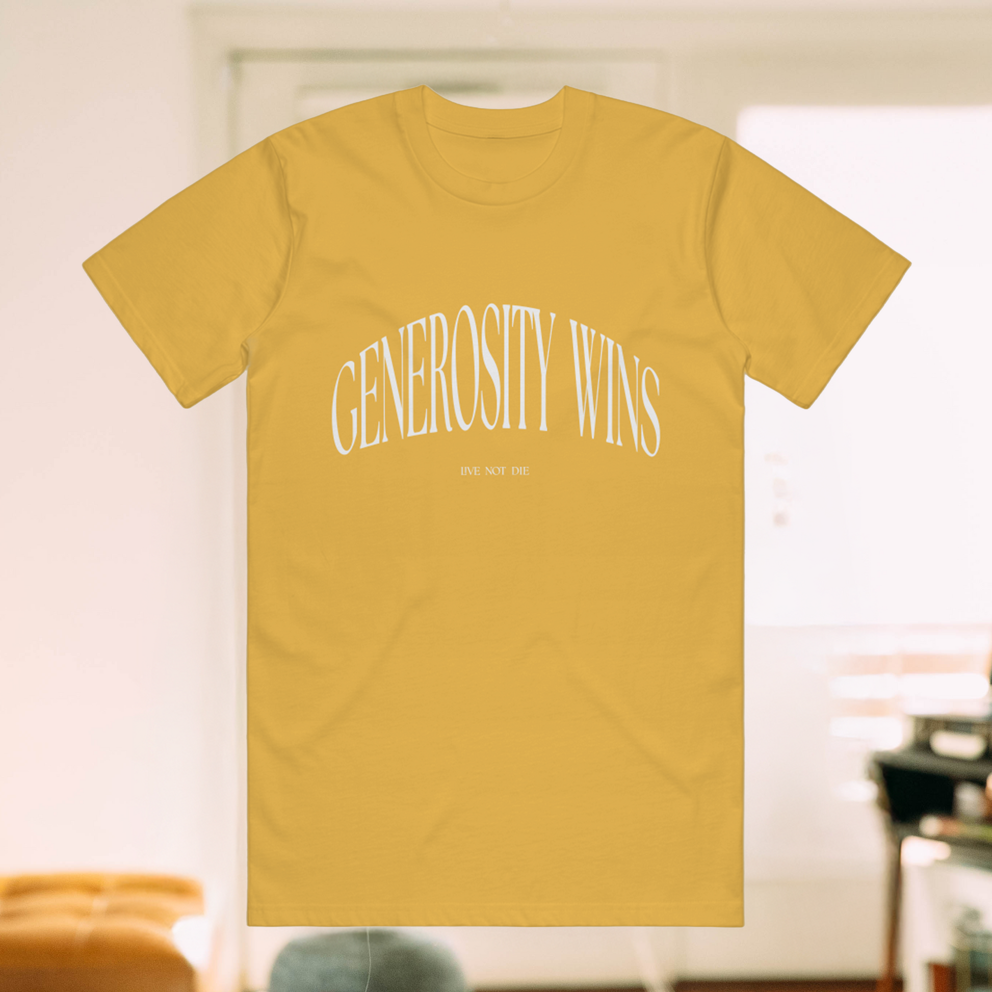 A Live Not Die product photo of the generosity wins t shirt in a living room