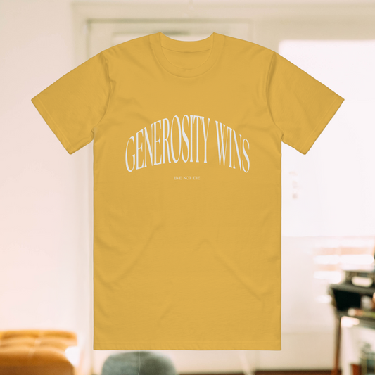 A Live Not Die product photo of the generosity wins t shirt in a living room