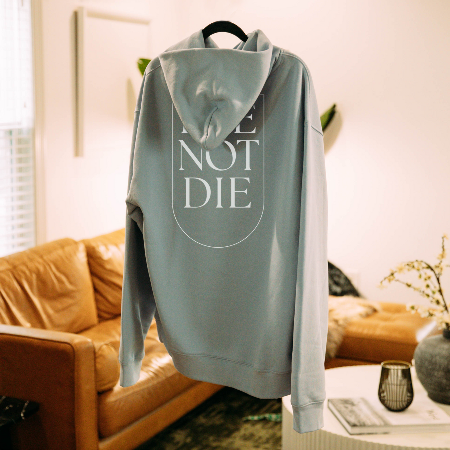A product image of the back of the live not die hoodie in a living room