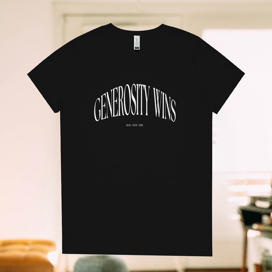 A Live Not Die product photo of the generosity wins t shirt in black in a living room